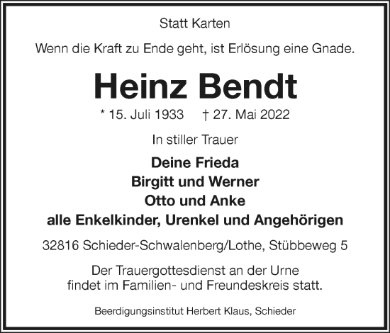 Anzeige  Heinz Bendt  Lippische Landes-Zeitung