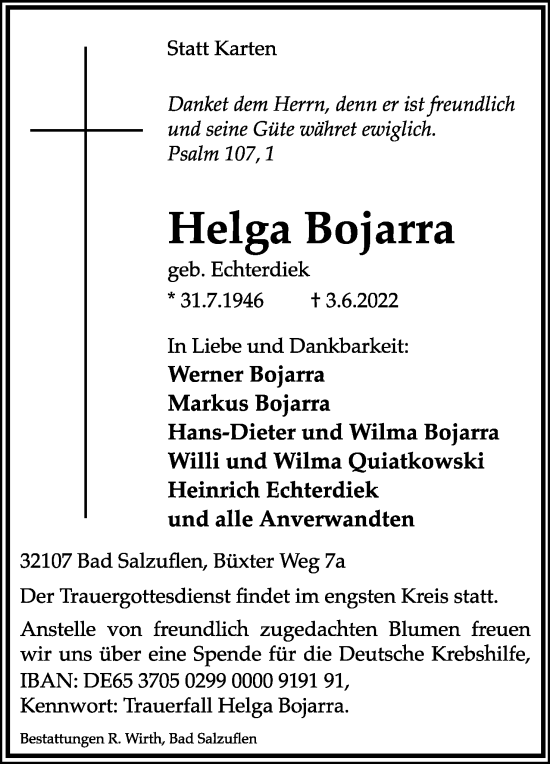 Anzeige  Helga Bojarra  Lippische Landes-Zeitung