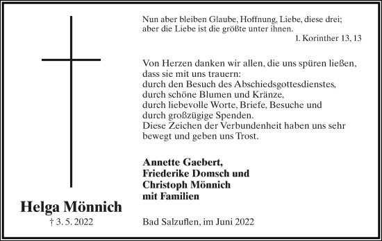 Anzeige  Helga Mönnich  Lippische Landes-Zeitung