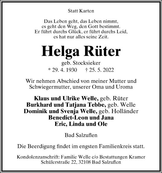 Anzeige  Helga Rüter  Lippische Landes-Zeitung