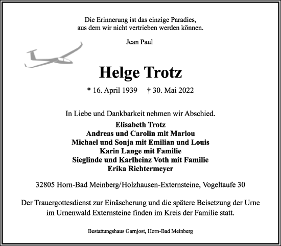 Anzeige  Helge Trotz  Lippische Landes-Zeitung