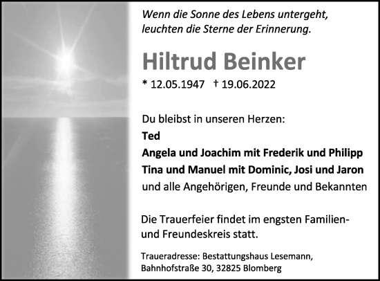 Anzeige  Hiltrud Beinker  Lippische Landes-Zeitung