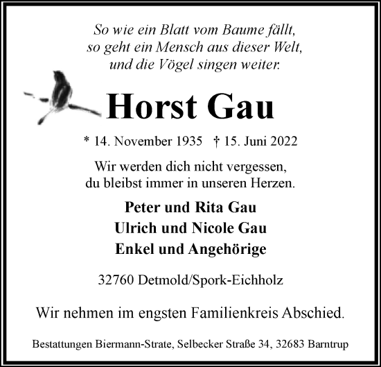 Anzeige  Horst Gau  Lippische Landes-Zeitung