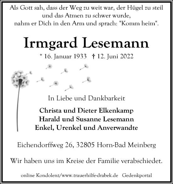 Anzeige  Irmgard Lesemann  Lippische Landes-Zeitung