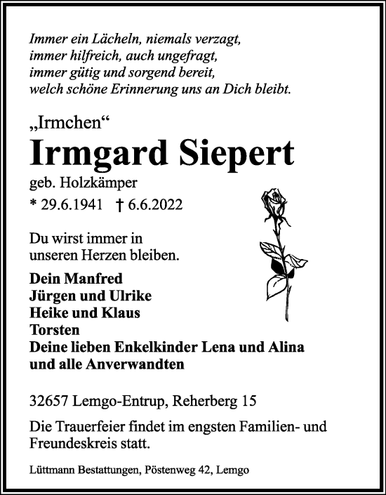 Anzeige  Irmgard Siepert  Lippische Landes-Zeitung