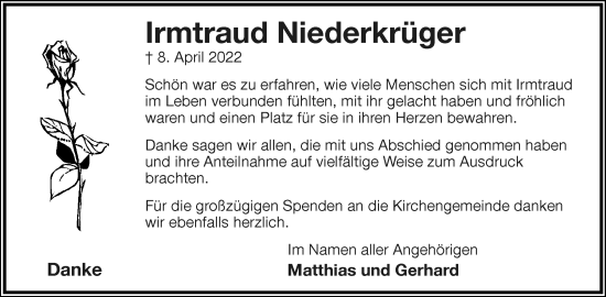 Anzeige  Irmtraud Niederkrüger  Lippische Landes-Zeitung