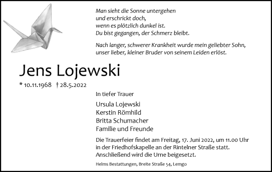 Anzeige  Jens Lojewski  Lippische Landes-Zeitung