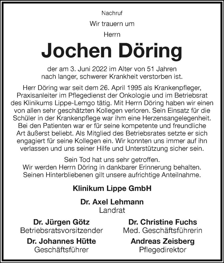  Traueranzeige für Jochen Döring vom 18.06.2022 aus Lippische Landes-Zeitung