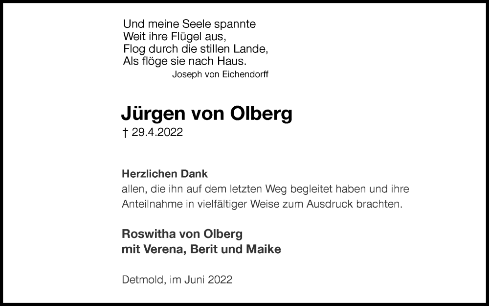  Traueranzeige für Jürgen von Olberg vom 11.06.2022 aus Lippische Landes-Zeitung