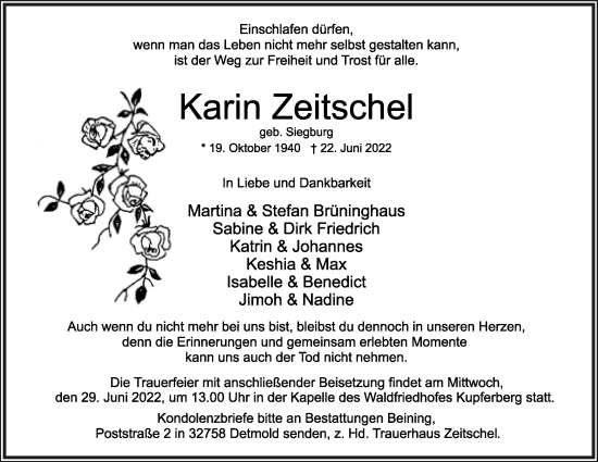 Anzeige  Karin Zeitschel  Lippische Landes-Zeitung