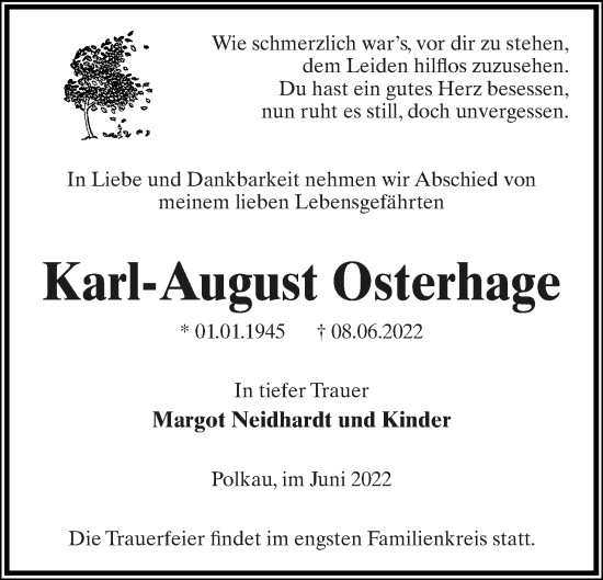 Anzeige  Karl-August Osterhage  Lippische Landes-Zeitung