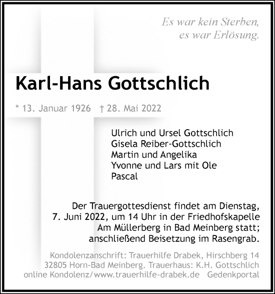 Anzeige  Karl-Hans Gottschlich  Lippische Landes-Zeitung