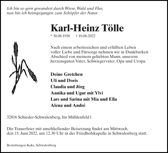 Anzeige  Karl-Heinz Tölle  Lippische Landes-Zeitung