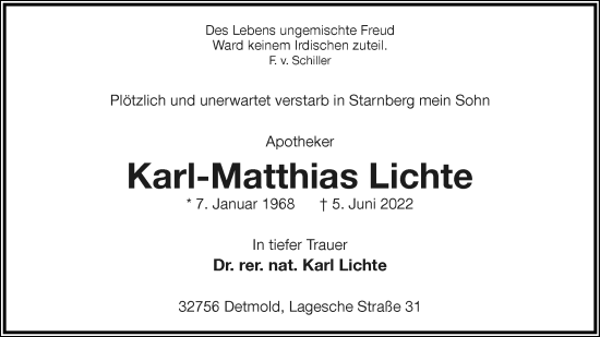 Anzeige  Karl-Matthias Lichte  Lippische Landes-Zeitung