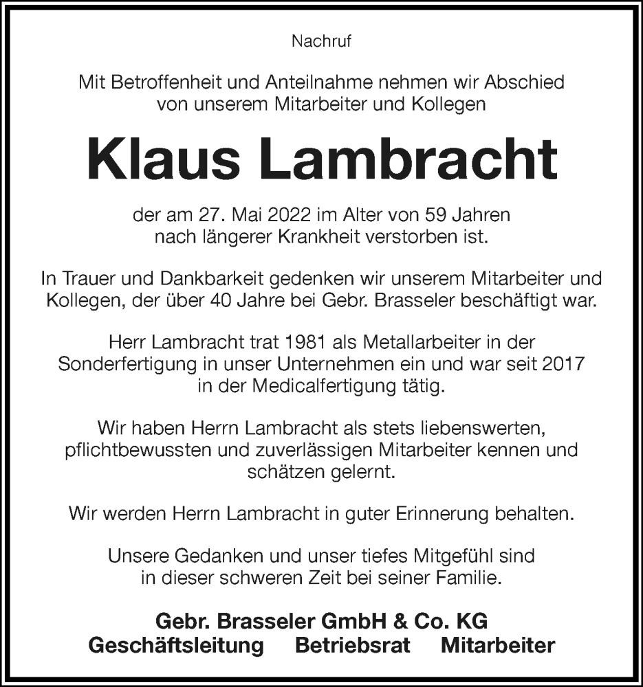  Traueranzeige für klaus Lambracht vom 04.06.2022 aus Lippische Landes-Zeitung