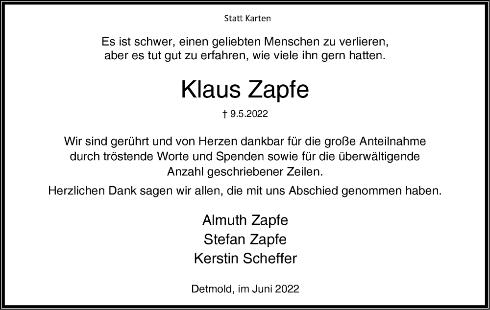  Traueranzeige für Klaus Zapfe vom 03.06.2022 aus Lippische Landes-Zeitung