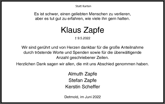 Anzeige  Klaus Zapfe  Lippische Landes-Zeitung