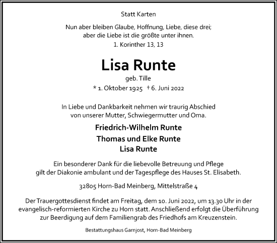 Anzeige  Lisa Runte  Lippische Landes-Zeitung