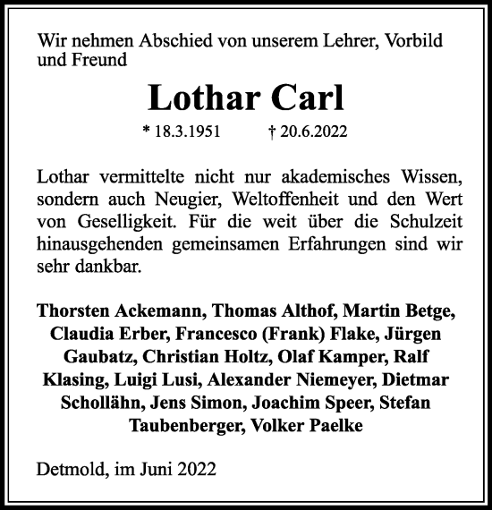 Anzeige  Lothar Carl  Lippische Landes-Zeitung