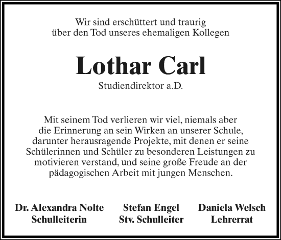 Anzeige  Lothar Carl  Lippische Landes-Zeitung