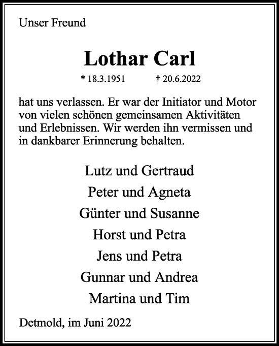 Anzeige  Lothar Carl  Lippische Landes-Zeitung
