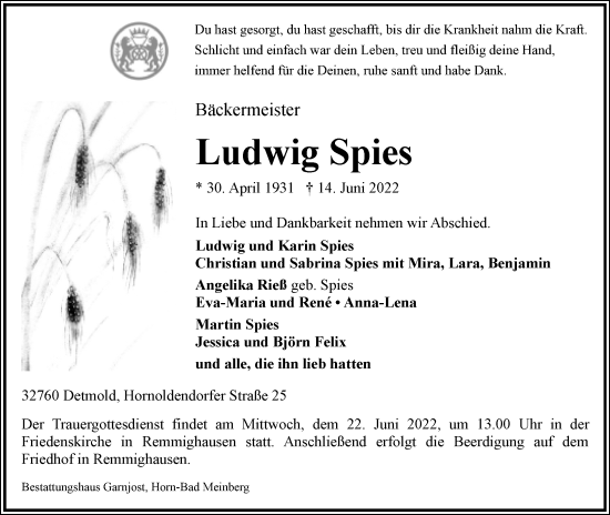 Anzeige  Ludwig Spies  Lippische Landes-Zeitung