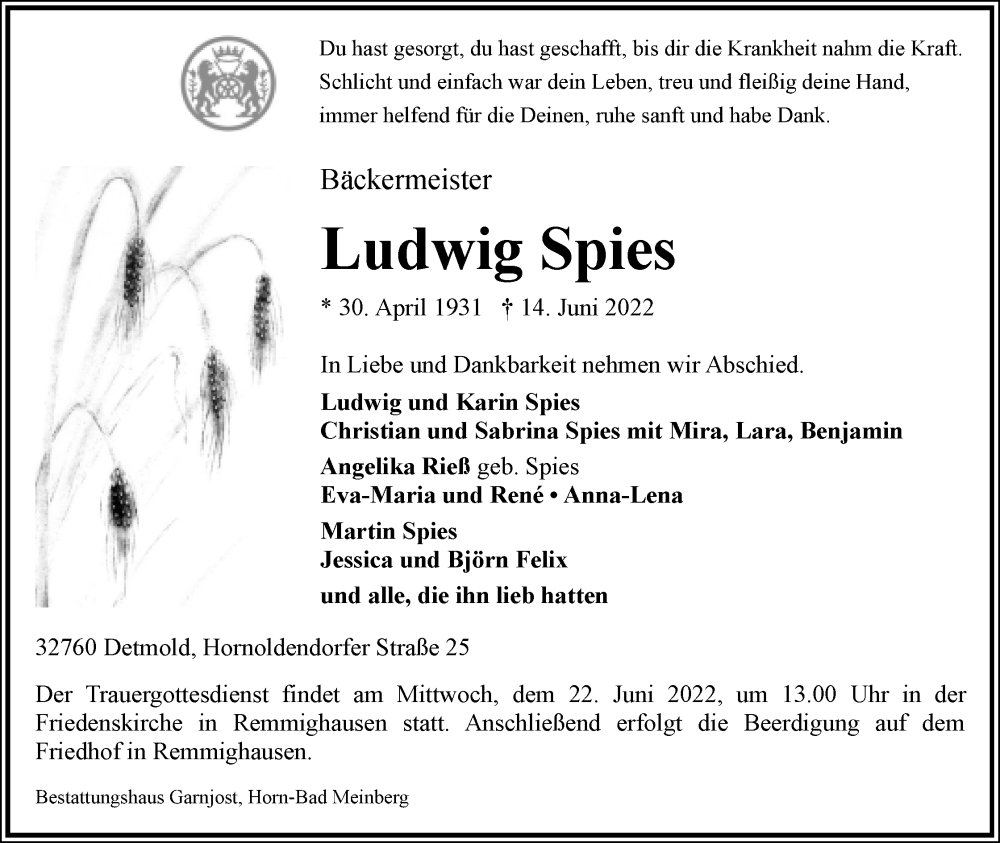  Traueranzeige für Ludwig Spies vom 18.06.2022 aus Lippische Landes-Zeitung