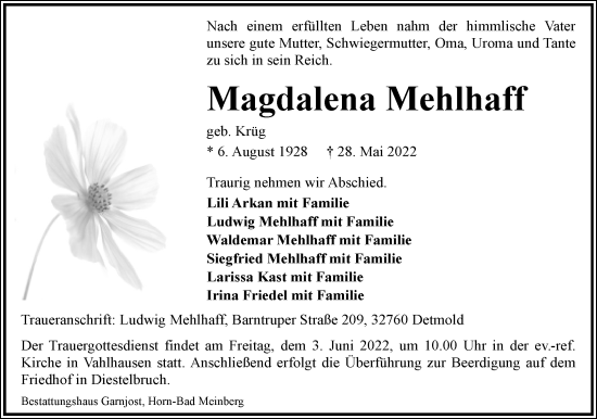 Anzeige  Magdalena Mehlhaff  Lippische Landes-Zeitung