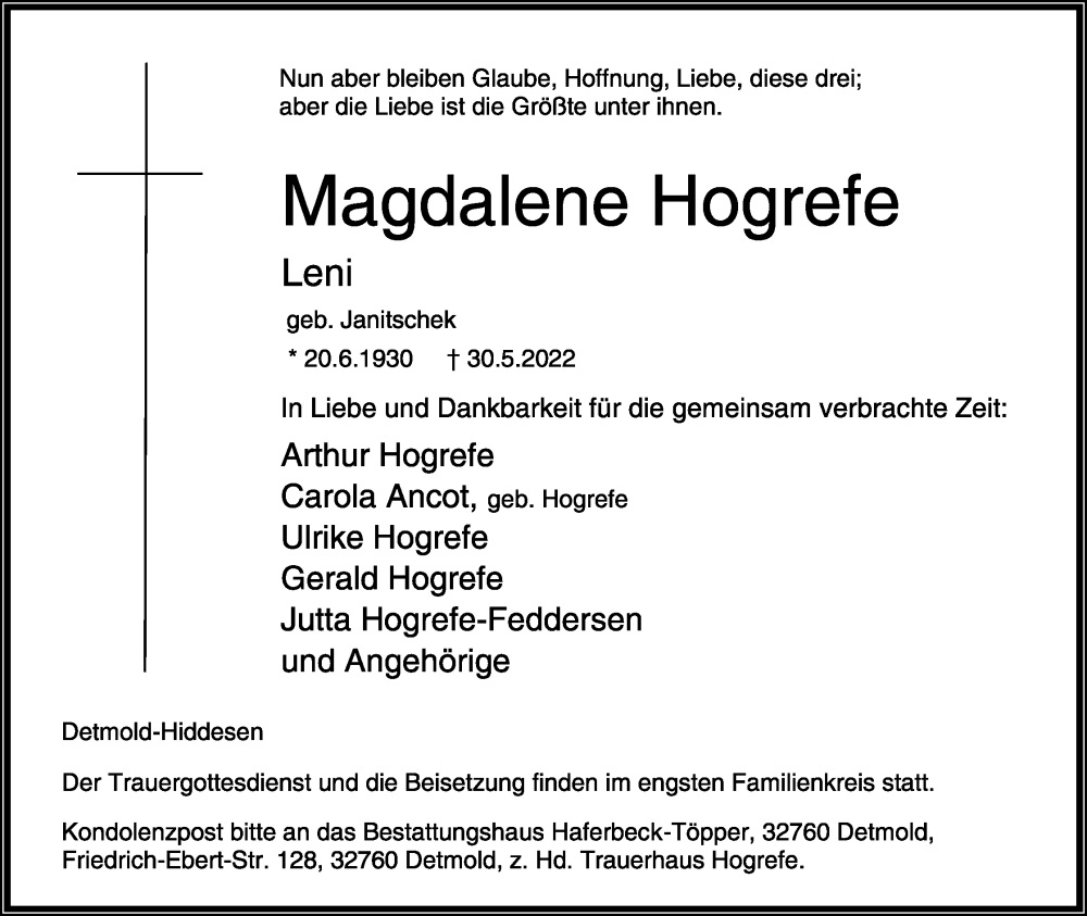  Traueranzeige für Magdalene Hogrefe vom 04.06.2022 aus Lippische Landes-Zeitung