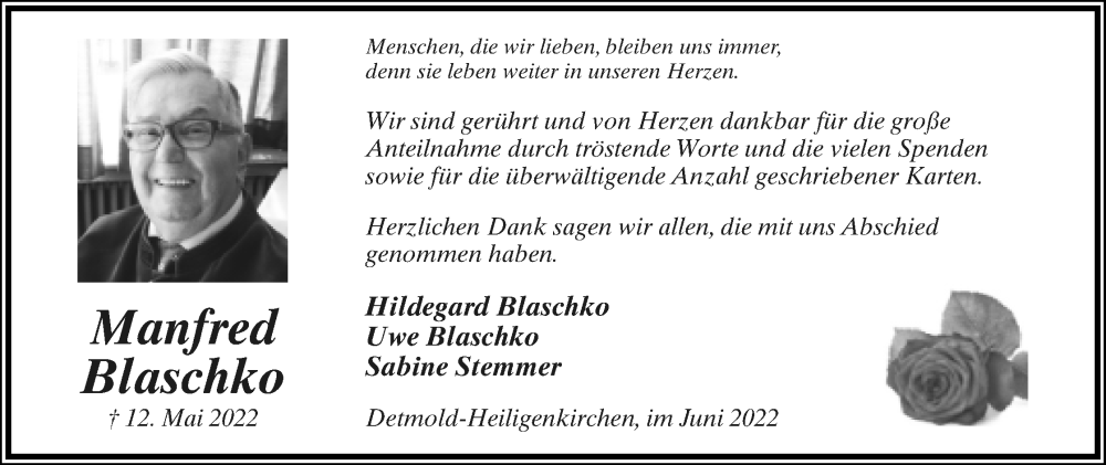  Traueranzeige für Manfred Blaschko vom 18.06.2022 aus Lippische Landes-Zeitung