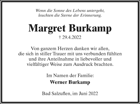 Anzeige  Margret Burkamp  Lippische Landes-Zeitung