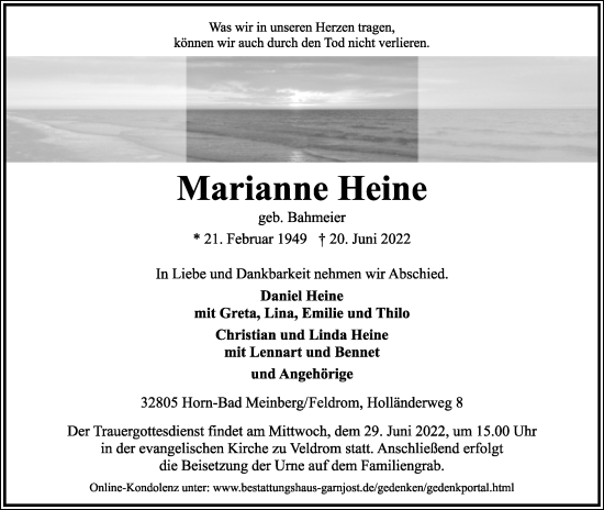 Anzeige  Marianne Heine  Lippische Landes-Zeitung