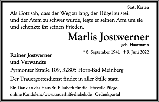 Anzeige  Marlis Jostwerner  Lippische Landes-Zeitung
