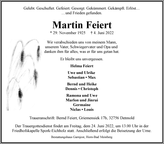 Anzeige  Martin Feiert  Lippische Landes-Zeitung