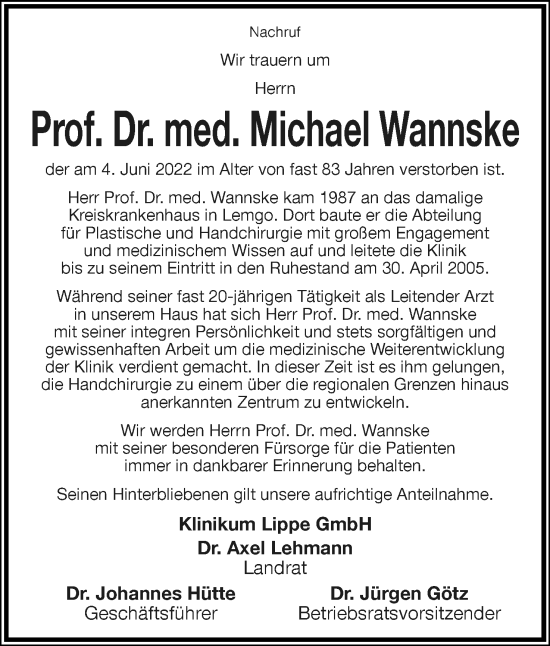 Anzeige  Michael Wannske  Lippische Landes-Zeitung