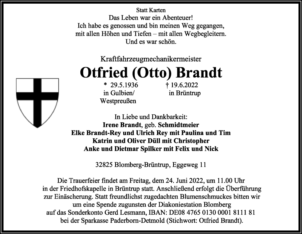  Traueranzeige für Otfried Brandt vom 22.06.2022 aus Lippische Landes-Zeitung