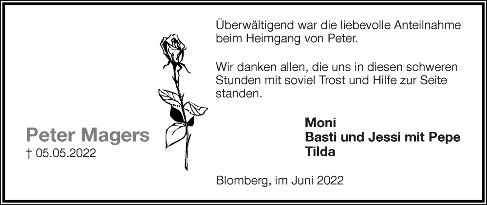  Traueranzeige für Peter Magers vom 04.06.2022 aus Lippische Landes-Zeitung
