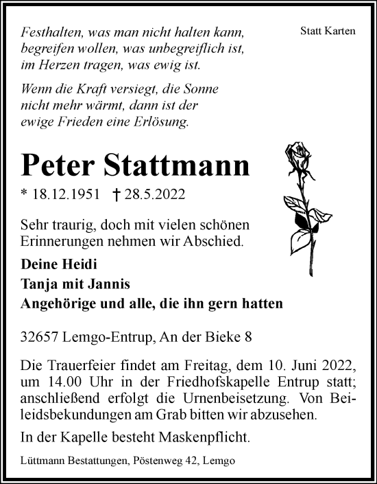Anzeige  Peter Stattmann  Lippische Landes-Zeitung