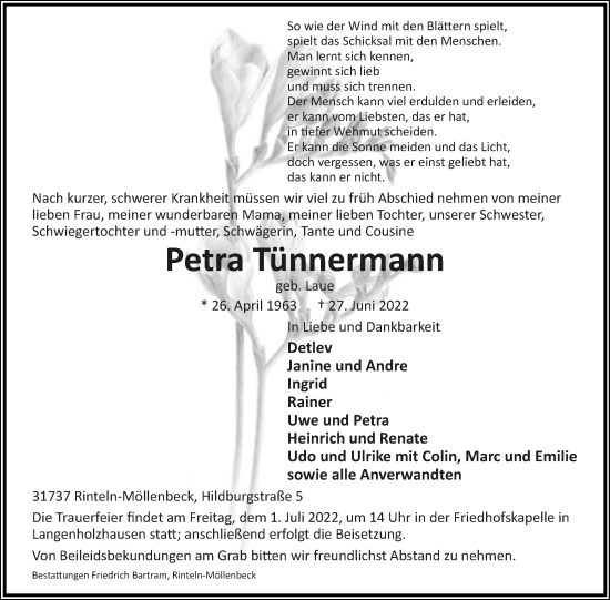 Anzeige  Petra Tünnermann  Lippische Landes-Zeitung
