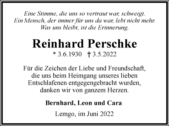 Anzeige  Reinhard Perschke  Lippische Landes-Zeitung