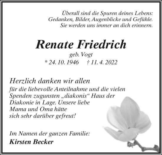 Anzeige  Renate Friedrich  Lippische Landes-Zeitung