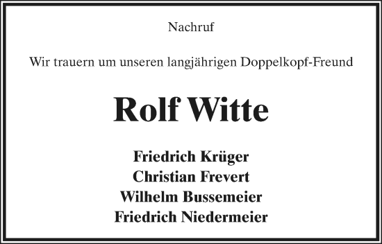Anzeige  Rolf Witte  Lippische Landes-Zeitung
