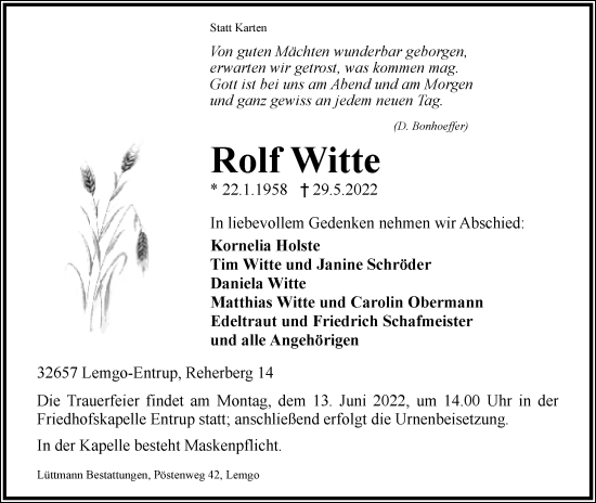 Anzeige  Rolf Witte  Lippische Landes-Zeitung