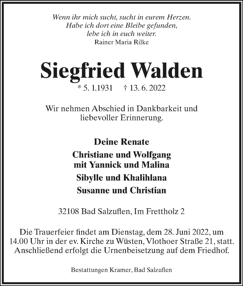  Traueranzeige für Siegfried Walden vom 18.06.2022 aus Lippische Landes-Zeitung