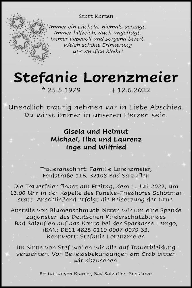  Traueranzeige für Stefanie Lorenzmeier vom 25.06.2022 aus Lippische Landes-Zeitung