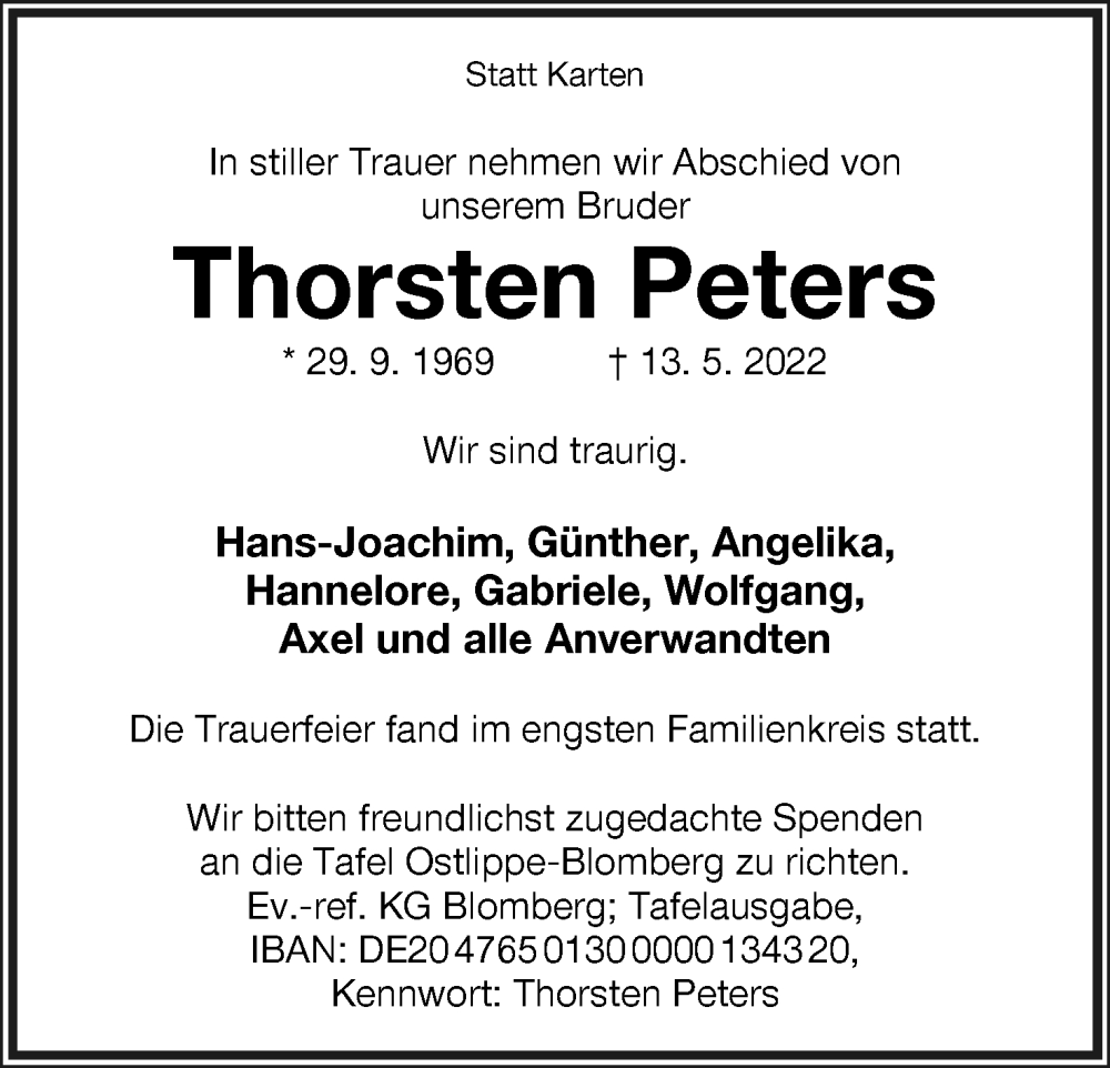  Traueranzeige für Thorsten Peters vom 04.06.2022 aus Lippische Landes-Zeitung