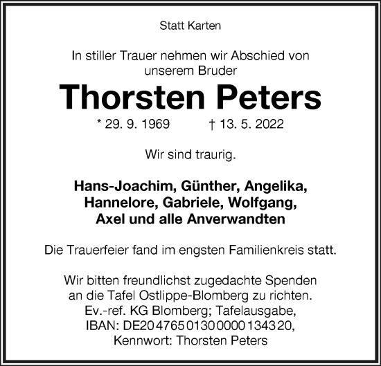 Anzeige  Thorsten Peters  Lippische Landes-Zeitung