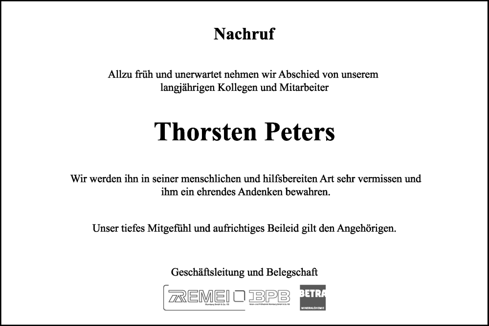  Traueranzeige für Thorsten Peters vom 04.06.2022 aus Lippische Landes-Zeitung
