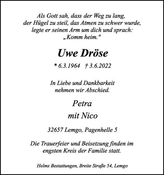 Anzeige  Uwe Dröse  Lippische Landes-Zeitung