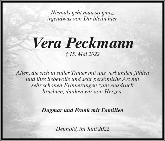 Anzeige  Vera Peckmann  Lippische Landes-Zeitung